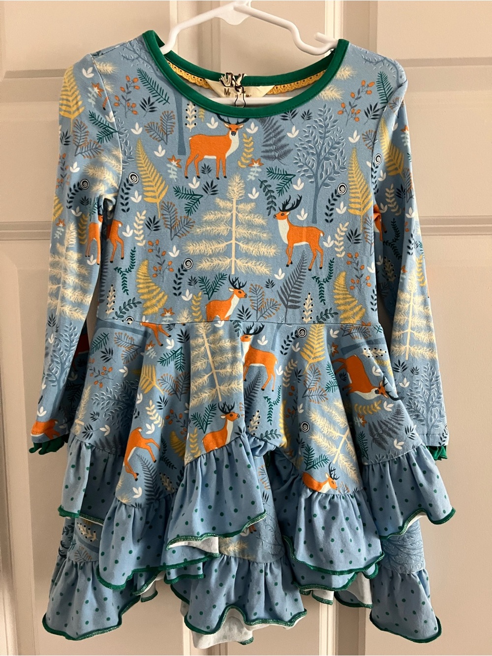 Matilda Jane "Neck of the Woods" tiered blue deer print twirl dress.